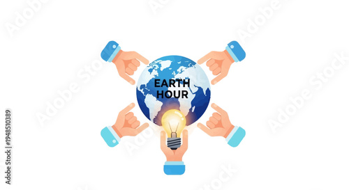 Illustration of a globe with 'Earth Hour' text surrounded by hands holding lamps, symbolizing the lights off sustainability campaign for climate action and eco-friendly environment