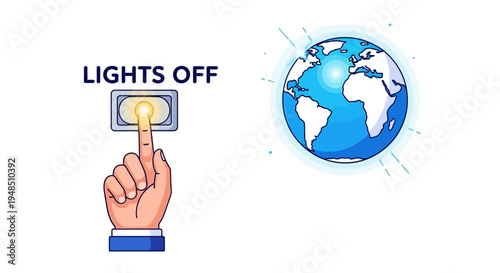 Illustration of a hand turning off a light switch next to a globe, symbolizing Earth Hour climate action and sustainability
