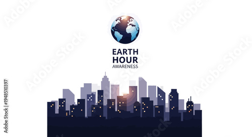 Illustration of a city skyline with buildings turning off lights for Earth Hour climate action and sustainability campaign with a global eco concept