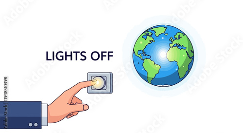 A hand in a business suit turns off a light switch with the Earth globe nearby for Earth Hour climate action and sustainability
