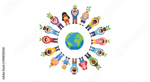 Colorful illustration of diverse people holding hands around the Earth on a white background with a joyful and united theme.