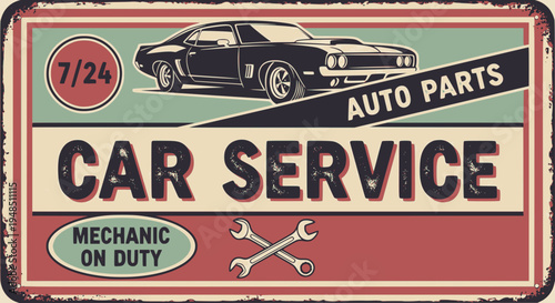 Vintage car service and gas station sign. Gas station for car, grunge banner illustration. SVG version.