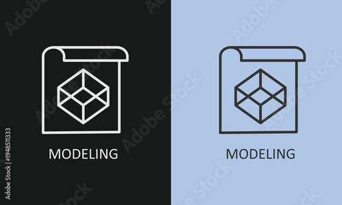 Minimalist 3D Modeling and Isometric Design Line Icon, Professional Architectural Blueprint, CAD Software Engineering, and Digital Prototyping Vector Illustration