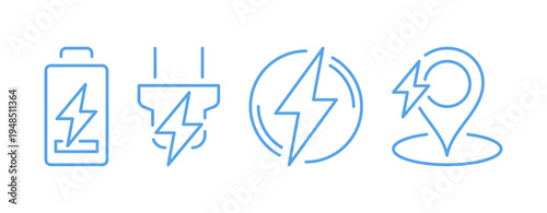 Electric charging patterns and shapes set, line art energy and power, including battery level, wireless charging, plug socket, electric car, energy efficiency flat vector illustration on background.