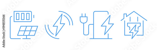Electric charging patterns and shapes set, line art energy and power, including battery level, wireless charging, plug socket, electric car, energy efficiency flat vector illustration on background.