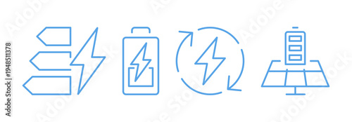 Electric charging patterns and shapes set, line art energy and power, including battery level, wireless charging, plug socket, electric car, energy efficiency flat vector illustration on background.