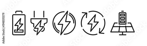 Electric charging patterns and shapes set, line art energy and power, including battery level, wireless charging, plug socket, electric car, energy efficiency vector illustration on white background.
