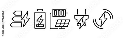 Electric charging patterns and shapes set, line art energy and power, including battery level, wireless charging, plug socket, electric car, energy efficiency vector illustration on white background.
