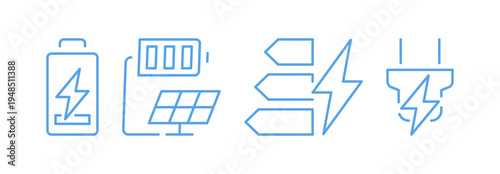 Electric charging patterns and shapes set, line art energy and power, including battery level, wireless charging, plug socket, electric car, energy efficiency flat vector illustration on background.