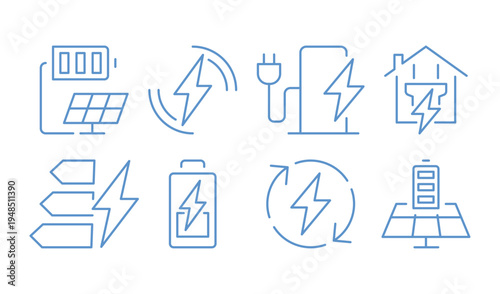 Set of electric charging of various types isolated on white background, energy and power, including battery level, wireless charging, plug socket, electric car, energy monochrome vector illustration.
