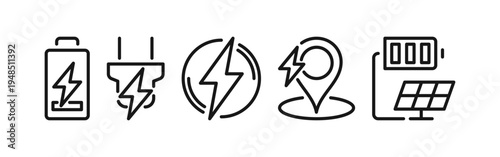 Electric charging patterns and shapes set, line art energy and power, including battery level, wireless charging, plug socket, electric car, energy efficiency vector illustration on white background.
