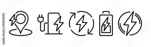 Electric charging patterns and shapes set, line art energy and power, including battery level, wireless charging, plug socket, electric car, energy efficiency vector illustration on white background.
