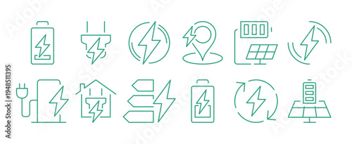 Collection of linear symbols or badges for electric charging, energy and power, including battery level, plug socket, electric car, energy efficiency isolated on background flat vector illustration.