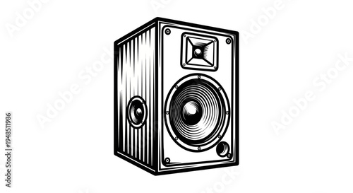 Black and white illustration of a speaker with detailed components