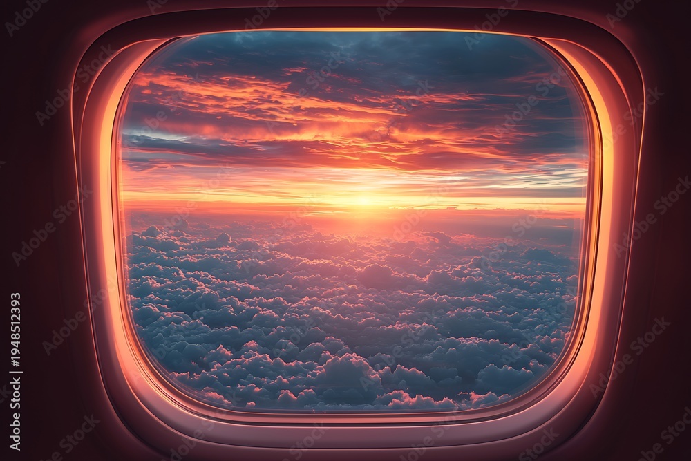 Fototapeta premium Aviation window seat view clouds sunset sky image photo picture