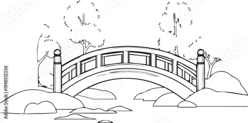 Japanese garden bridge icon isolated white background minimalist black line art design