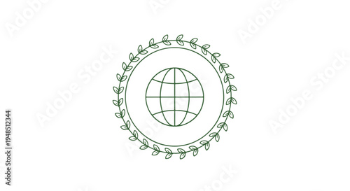 Green line drawing of a globe surrounded by a circle of leaves on a white background.