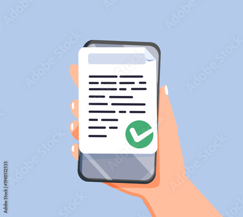 Minimalist vector illustration of a smartphone with a document and checkmark icon. Perfect for digital approval, mobile