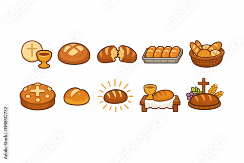 Communion Bread Icon Set – Eucharist Loaf and Sacred Bread Symbols Flat Design