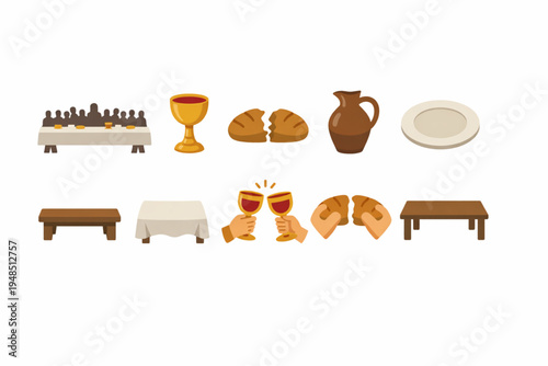 Last Supper Icon Set – Eucharist Table, Bread and Wine Symbols Flat Design