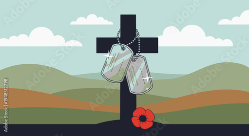 Memorial Day of the Veterans Honoring Fallen Soldiers with Cross and Poppies