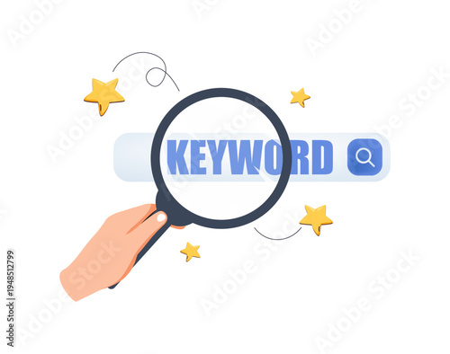 Magnifying glass searching for website keywords, vector illustration. Ideal for SEO marketing, online content discovery