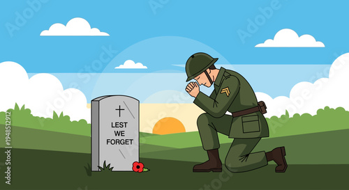 Soldier kneels on Veterans Day of remembrance at serene military cemetery