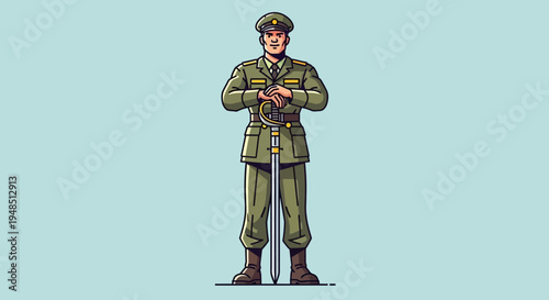 A solemn illustration of a soldier on Day of the Veterans standing proudly