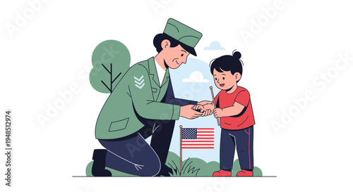 Soldier kneels beside a child on Veterans Day, handing a medal with an American flag nearby.