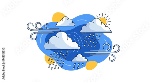 Vector illustration of a globe with various weather conditions, including clouds, rain, lightning, and sun, symbolizing climate research and meteorology