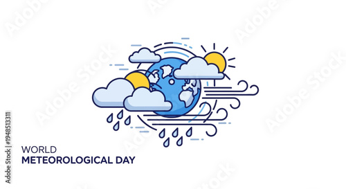 A vector illustration of the Earth surrounded by clouds, rain, sun, and wind, symbolizing weather science and climate research on World Meteorological Day with a global concept