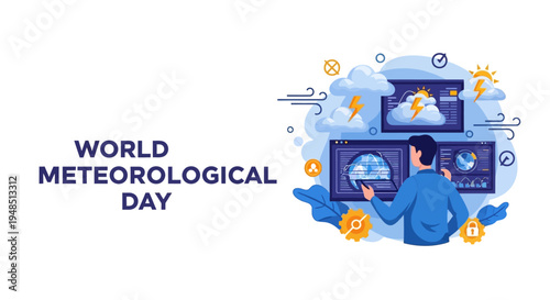 Illustration of a man analyzing weather data on multiple screens for World Meteorological Day with a global climate concept