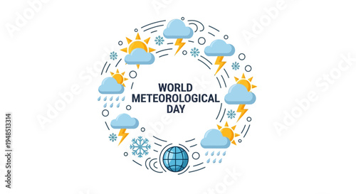 Infographic illustration of World Meteorological Day concept with weather symbols, globe, and sustainability elements on a white background