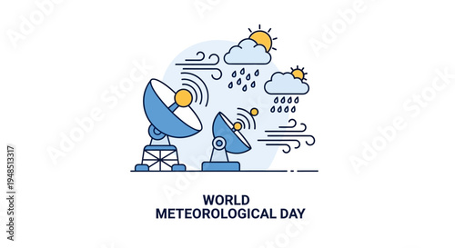 Infographic illustration for World Meteorological Day depicting climate research with satellite dishes, clouds, rain, sun, and lightning, symbolizing weather science and meteorology