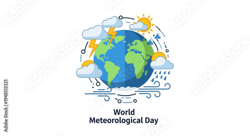 Vector illustration of the Earth with weather elements for World Meteorological Day, featuring cloud, rain, sun, and lightning, symbolizing climate research and sustainability