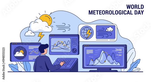 Illustration of a man analyzing weather patterns on multiple computer screens for World Meteorological Day with a focus on climate research and meteorology science