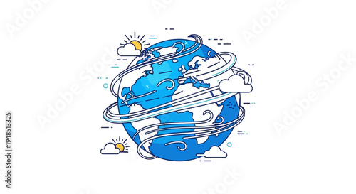 Vector illustration of the Earth surrounded by swirling weather elements like clouds, rain, lightning, and sun, symbolizing climate research and meteorology