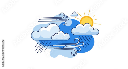 Vector illustration of a weather concept with cloud, rain, lightning, and sun, symbolizing climate and meteorology on a World Meteorological Day infographic