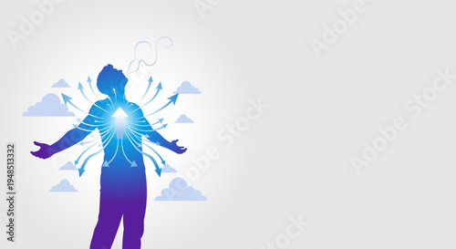 Silhouette of a person breathing deeply with arrows radiating outwards and clouds in the background