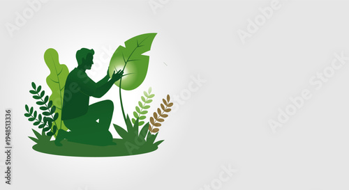 Silhouette of a man tending to lush green plants in a serene natural environment