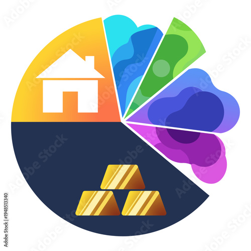 Financial diversification concept with house, money, and gold bars in a pie chart