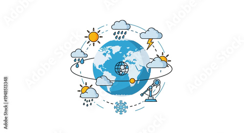 Vector illustration of the Earth surrounded by weather icons representing climate research and sustainability on World Meteorological Day