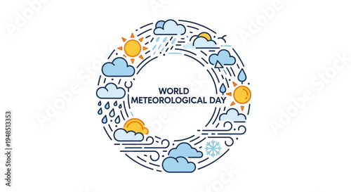 Vector illustration of World Meteorological Day concept with weather symbols and globe on white background
