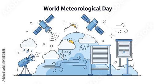 Vector illustration depicting World Meteorological Day concept with satellite, telescope, rain clouds, sun, and weather monitoring equipment on a global climate research theme