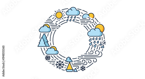 Vector illustration of a globe with weather and climate icons for World Meteorological Day, featuring clouds, rain, sun, and snowflakes on a white background with a concept