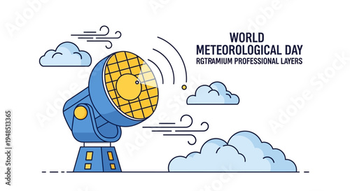 World Meteorological Day concept illustration of a radar dish emitting signals amidst clouds and weather phenomena for climate research and meteorology science