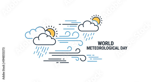 Infographic illustration for World Meteorological Day featuring weather science and climate research concept with clouds, rain, sun, and globe on a white background