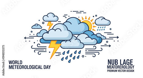 Infographic illustration for World Meteorological Day with clouds, rain, lightning, and sun, symbolizing weather science and climate research
