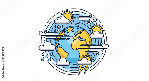 Vector illustration of a globe surrounded by weather icons, including clouds, rain, lightning, and sun, representing climate and meteorology concepts on a World Meteorological Day theme