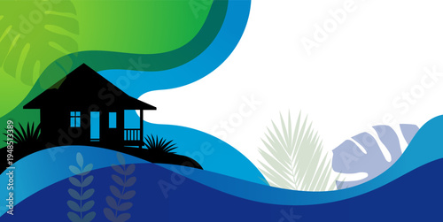 Silhouette of a tropical bungalow nestled amidst lush foliage and flowing water elements  summer banner
